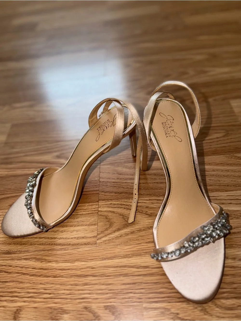 Badgley Mischka Champagne Crystal-Embellished Ankle-Strap Heels